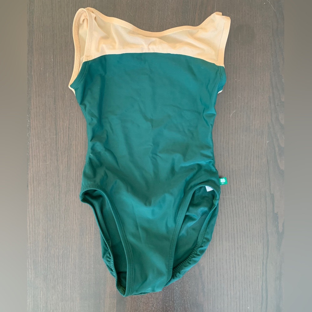 Luckyleo Small “Phoenix” Leotard, Emerald green with nude mesh